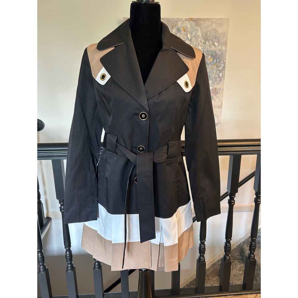 Iman Global Chic Colorblock Pleated Trench Coat Black Tan White IP0667 NEW